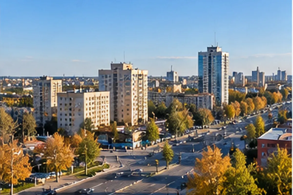 Иллюстрация: проспект Костаная с многоэтажными домами и осенними деревьями